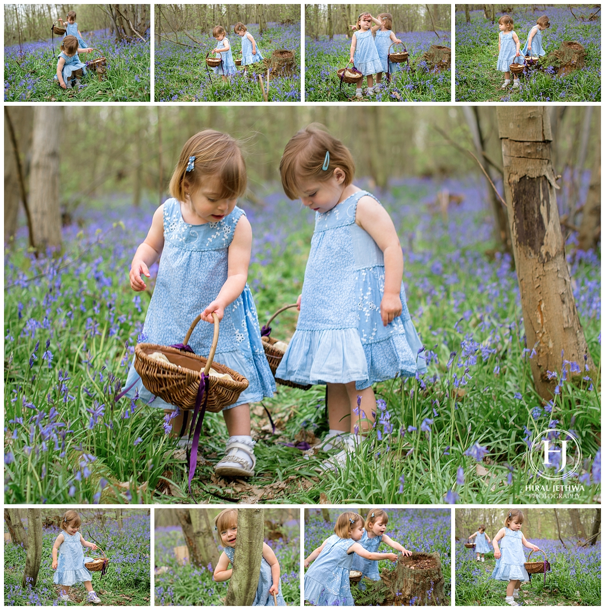 twins playing amongst the bluebells